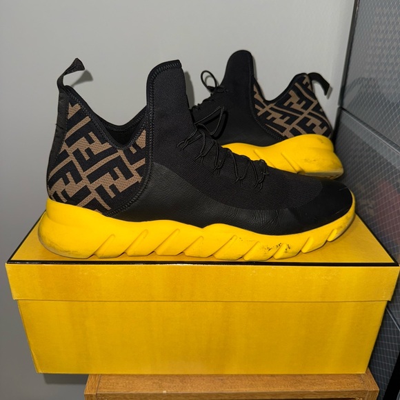 Fendi FF Motif Mesh Black/Brown/Yellow High Top Sneakers - Picture 1 of 11